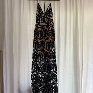 REVOLVE NBD Black Floral Lace Maxi Dress. Sheer from thigh. Womens size xs